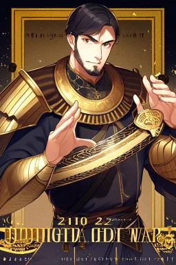 A handsome 30 year old knight, black hair, male bob haircut, in black-and-gold plate armor, golden katana in both hands, no beard, european, proper arms