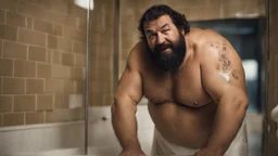 two ugly muscular chubby arab 45 years old similar to bud spencer, very detailed, full figure shot, very realistic photography, dim light, view from below, tiled restroom, tattoo, masculine bearded, white substance dripping from beard, with glue stuck to and dripping from beard,, , mature barely burly bearded muscled and robust