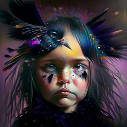 #Leonardai Starling , photorealistic ,pop surreal , lowbrow art ,enchanting portrait of a cute little girl ,representing a starling , feathers in her hair ,black and vibrant colors , sweet , magical , cosy warm light , whimsical, alluring , dazzling ,, expressive