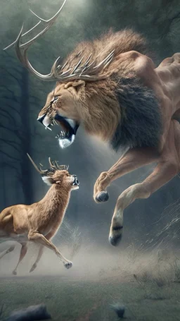 A lion attacking a deer, a realistic picture, a cinematic scene, more accurate hdr