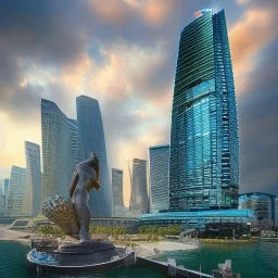 Insanely detailed portrait of Marina Bay Sand like Avengers tower:: perfect proportions :: include merlion statue :: by Artgerm, Greg Olsen, Pixar, WLOP :: hyperrealistic, hyper detailed, photorealistic :: a masterpiece, incredible composition, amazing depth, imposing, meticulously composed, 8k :: unreal engine :: Mappa studios :: detailed matte painting, deep color, fantastical, intricate detail, splash screen, complementary colors, fantasy concept art, 8k resolution trending on Artstation