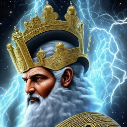 photo realistic, symetrical, centered, ultra detailed, digital art, in center is a portrait of highly detailed greek colossus god zeus surrounded by galaxy codes seeking knowledge, gray beard, crown filled with crystals, detailed face with human skin color, eyes filled with galaxy, dominating colors = gray light blue and dark gold, lightning, smoke,