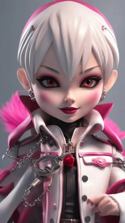 A close picture to blind cute vampire with white and pink short hair, slave, Tusks, malicious smile, Handcuffs, Weapon handcuffs in Stop-motion animation model with dynamic art style witg