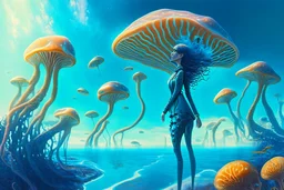 woman in a tight suit, on the shores of an alien world, with mushrooms, with jellyfish tentacles floating in the air, photorealistic, Detailed Matte Painting, Deep Colour, Fantastical, Intricate Detail, sunshine, blue sky