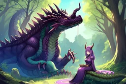 House, forest, girl , purple hair, dragon tail, dragon horns, sit , look like dragon.