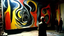 abstract painting,A strange look, use flat bright colors displayed art, Charcoal, Metallic Ink: merging into walls of shadow., refugees, conformity, Analogue film photo, , 1950s, candid, retro analog, 35mm film, film grain,