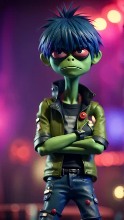 Murdoc from Gorillaz looking tough with arms folded on stage,bokeh like f/0.8, tilt-shift lens 8k, high detail, smooth render, down-light, unreal engine, prize winning