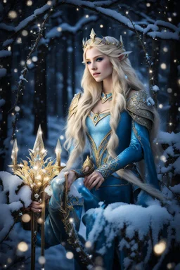 Elven princess,elven crown,long blonde golden hair,rapunzel hair,ice flowers,beautiful,light blue,dark blue,golden armor,sparkle,glitter,ice flowers,snow,elven ears,dark fairy princess