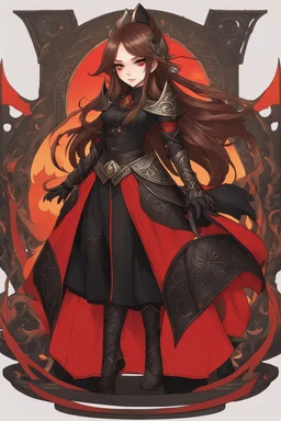 A young woman with pale skin and long brown hair in a fantasy setting with intricate details. Her attire is sleek black and red. She is smirking, has intense red eyes, intimidating presence, exudes an aura of malevolence. High definition. Fire in the background.