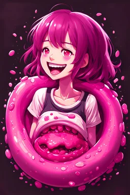 A detailed illustration Anime girl smiling crushed inside really darkpink fleshy stomach filled with digestive juices, t-shirt design, fantasy art, bokeh, Adobe Illustrator, digital painting, soft lighting, focused on the character, vector logo, vector art,