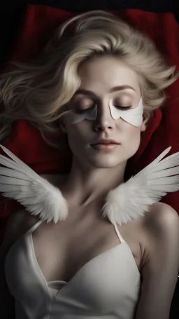 A blonde girl in her twenties, with white wings, and a red bandage over her eyes. She sleeps on a luxurious black carpet. Cinematic photo from above.