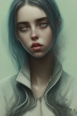 full body, Billie eilish,identify face, skinny clothing , big busty dirty face,,pintura, ,details,texture,8k quality, florest, Minimalism, Romanticism, Expressionism, Impressionism