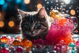 jelly explosion, tasty, cat, details, intricate detail, professional lighting, film lighting, 35mm, anamorphic, lightroom, cinematography, bokeh, lens flare, film grain, hdr10, 8k, Roger Deakins, incredibly detailed, reflect, sharpen