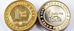 two sides of the coin with an emblem of "1hot.dog Funds"