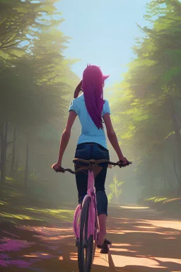 a young girl in blue jeans and a pink shirt riding a bicycle on a dirt path in the forest at midday