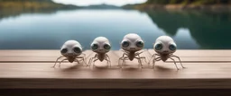 close up on dented glowing ghost transparent ant skeleton rat babies in fast boat with googly eyes, raised by ninja necromancer in the wild, on wooden bridge by lake in surreal reflecting stone chrome landscape, background motion blur, volume light