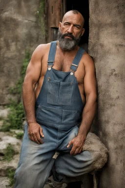 close up photography of an ugly 44 year old beefy robust burly turkish homeless, wearing his work unbuttoned bulging overalls, bulge, shirtless, leaning with his back on the wall, hands on the fap, dirty, sweat, wet, ajar mouth, hairy chest, , very virile, short black beard, shaved hair, sweat, , in a sunny street, photorealistic , frontal view from the ground