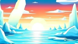 cartoon illustration: nature with icebergs and frozen sea, sun in the sky