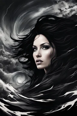 A beautiful woman with black hair, caught between heaven and earth, storms, chaos, abstract, crazy, fury of nature