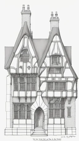 technical line drawing of the front elevation of a tall, narrow, warped, fantasy Tudor building, with twisted chimneys, rooms and floors added to sides and roofs, like the warren.