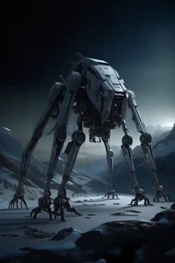 I want an image of a eight legged mechanical walker mech scaling the side of mout everest at night, it has a smooth surface, it has storage pods on its belly human can fit in the pods, it is covered with camera arrays