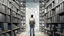 Comic style, A modern, minimalist interior with a person standing on a raised platform, surrounded by geometric shapes and shelves with decorative objects, graphic illustration, comic art graphic novel art, highly detailed