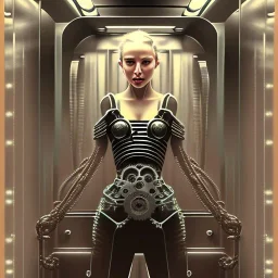 upper body of lady in elevator, machine with gears and ropes, book cover, fantasy art, sketch, movie poster, mirrors