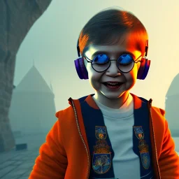 Harry Potter toddler, smile, cyberpunk headphone, sunglass, gangsta neckless, full body, orange puffer jacket, tokio background, dramatic lighting, hyper realistic, unreal engine 5, 16k