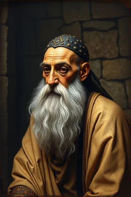 master oil painting by Rembrandt, realistic rendering Portrait of the Apkallu sage who were sent by the god Ea to teach civilization to humanity before the flood. They were depicted as half-human and half-fish or bird, and were associated with wisdom, magic, and culture. blurred stone tile pattern background, brightened edges to give a sense of depth