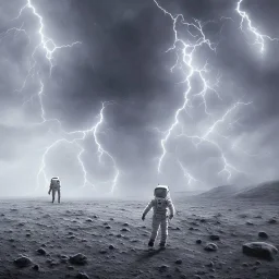 man walking on moon in thunderstorm