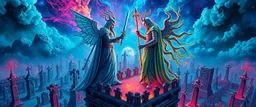 Metallic Epic portrait of most holy paladin vs demi-lich in tower cemetery in the style of Giger and Escher in Transparent Psychedelic Fluorescent Colors looking like a Record Cover, multidimensional depth of field, airbrush pen outline, on top of tower, seen from the clouds