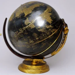 fantasy world globe, black marble, pearl inlay, fine gold detail, marginalia