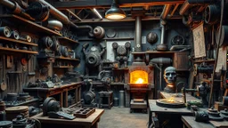 A workshop straight out of a steampunk fantasy, filled with a variety of mechanical automatons in different stages of construction. The walls are lined with tools, gears, and blueprints, and a central forge glows with the heat of molten metal. Award-winning photograph, beautiful composition, exquisite detail and illumination