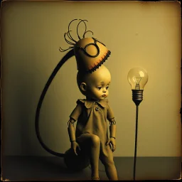 scrapbook image exhibiting the qualities of minimalism and nihilism, with a sense of unsettling beauty. The aged, creased, and grainy image reflects dull colors exacerbating the atmospheric gloom. unusual juxtapositions - a fantastical biomechanical umbillis evolving into an charasmatic porcelin doll with the head of a lightbulb. Elements within the artwork evoke a sense of jaundice, suggesting an overarching theme of existential fragility. This image is a nod to the thought-provoking surrealist