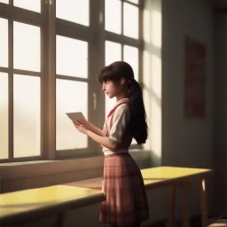 Study girl in classroom by the window ,movie, real photo realistic, unreal engine, cinematic lighting --ar 1:1 creative