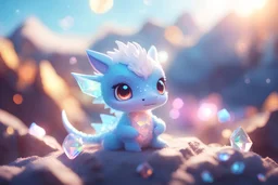 cute chibi anime little dragon, holographic, transparent sparkling crystal mountains in sunshine, ethereal, cinematic postprocessing, bokeh, dof