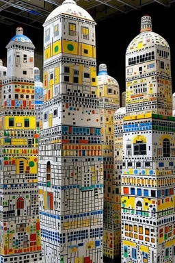 A white city made out of speaker boxes designed in Matryoshka dolls painted by Gustav Klimt