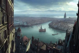 InslandQuebec city hill+Livorno canal+bridges+corner building on hill+Gothic city+BioShock+Dishonored+Bloodborne +trieste+Edinburgh+Chicago+victorian London+decòpunk Skyscraper+ +steampunk+biopunk+alphonse mucha, greg rutkowski,matte painting, cryengine, hyper detailed, felix kelly, fantasy art, seb mckinnon