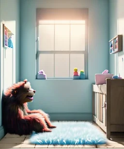 Realistic child room scene. sweet big furry monster sitting. girl from behind. Steven Spielberg style. Red hair, smile, happy, gradient color fog. highly detailed, concept art, unreal engine 5, ray tracing, RTX, lumen lighting, ultra detail, volumetric lighting, 3d, finely drawn, high definition, high resolution.