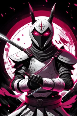 The character, depicted in a striking white armour against a dark wintry backdrop with accents of pink, stands prominently within the scene, accompanied by a red and black circular symbol of significance, a black pointed spear with a red handle. His eyes are showing a dynamic yet menacing expression and he wears a black oni mask with white teeth covering the bottom part of his mouth he has brown shoulder pads and a white karate belt with a bag attached to it. He has dark brown hair, no helmet.