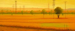 An orange colored arid stretch of land with crackling electrical shrubs painted by Georges Seurat