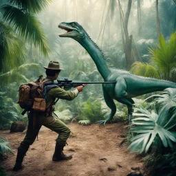 35mm film photography, [photorealistic art] a hunter with a rifle aiming at a Chilesaurus diegosuarezi. the boys in the jungle, high detail, vintage pellicule, film effect, dramatic dutch light