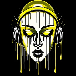 Highly detailed ink drawing of a beautiful men, dripping 3d gold from her eye's and he's mouth, black background, logo design, mascot, gaming podcast, headset