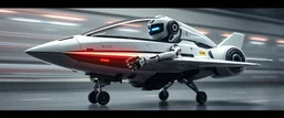 blind contour robot lancer shaving machine with no teeth, like space ship fighter jet massage master guru fast moving motion blur background, landing wheel gears