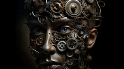 A surreal, abstract portrait of a human face made up of various mechanical and organic elements, including gears, wires, and organic textures. The face appears to be partially obscured or distorted, creating a sense of mystery and complexity.