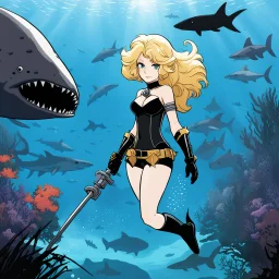 [illustration for wii No More Heroes style with thick lines] snorkelling Barbarella found herself facing not only the sharks but also the remnants of a society on the brink of collapse. As she navigated the treacherous waters, she uncovered dark secrets and hidden dangers that threatened to consume her.