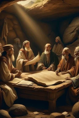 Several Christian priests of the 1st century AD are sitting in a cave and actively arguing and gesticulating, each holding a scroll of Ancient Scripture, on a wooden table in front of them there are many ancient scrolls, all painted with oil paintings in high resolution, in 8k.