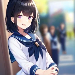 Clear focus,High resolution, Anime girl wearing a sailor uniform at school, laughing, blurry background, classmates in the background, Really Short black hair, Purple eyes