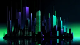 Digital and poly illustration of a minimalist and digital city with a dark background, colors are black, light blue and light green, and purple.