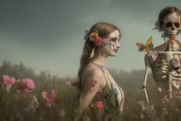 portrait of a couple, girl 1 dressed as life (flowers, butterflies, leaves), girl 2 dressed as death (skeletons, wilted flowers, upside down bird), resting heads against each other, beautiful, ethereal, 8k resolution, dynamic lighting